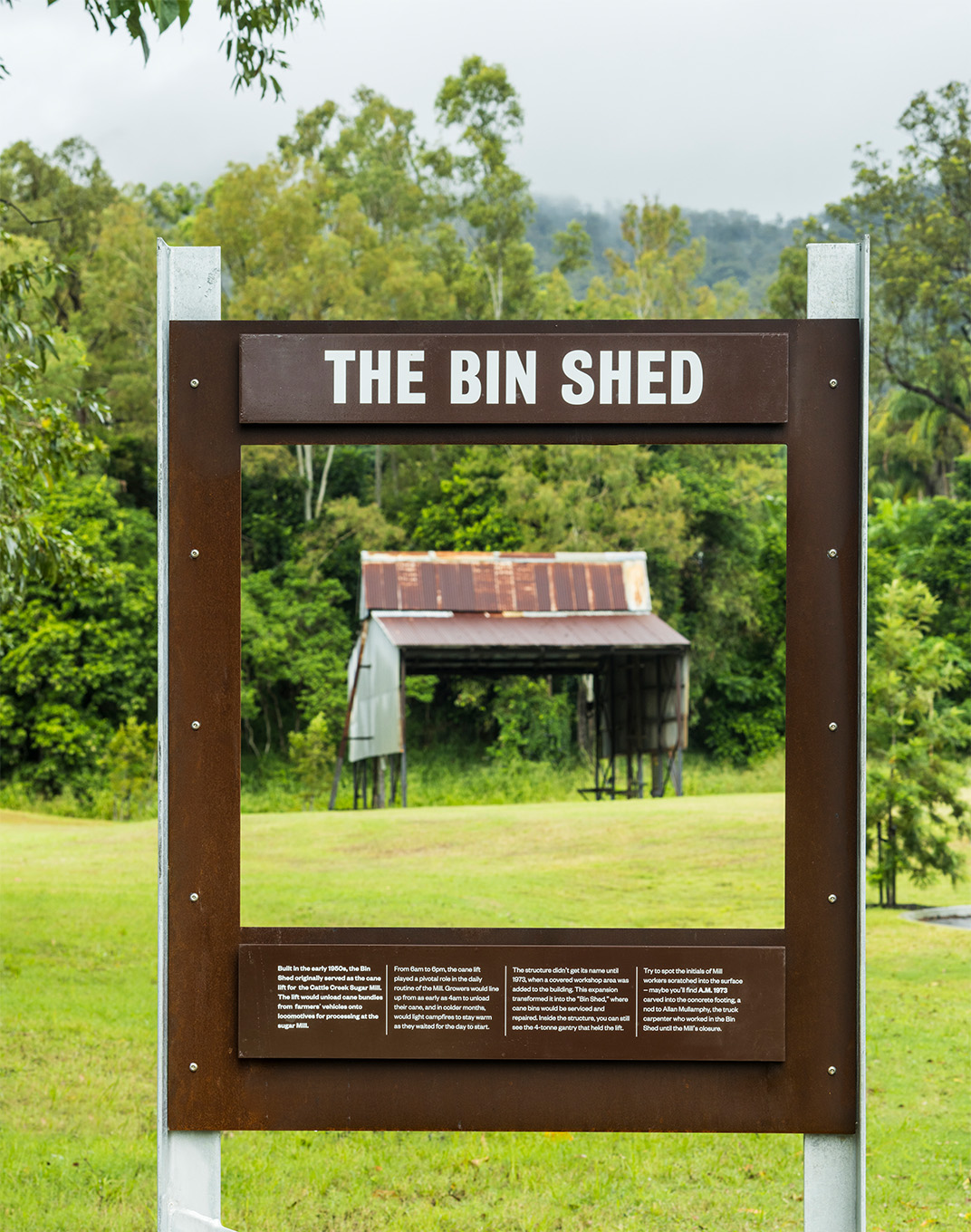 Elements of playfulness are include in the interpretive signage, including this example framing the historic bin shed the sign references