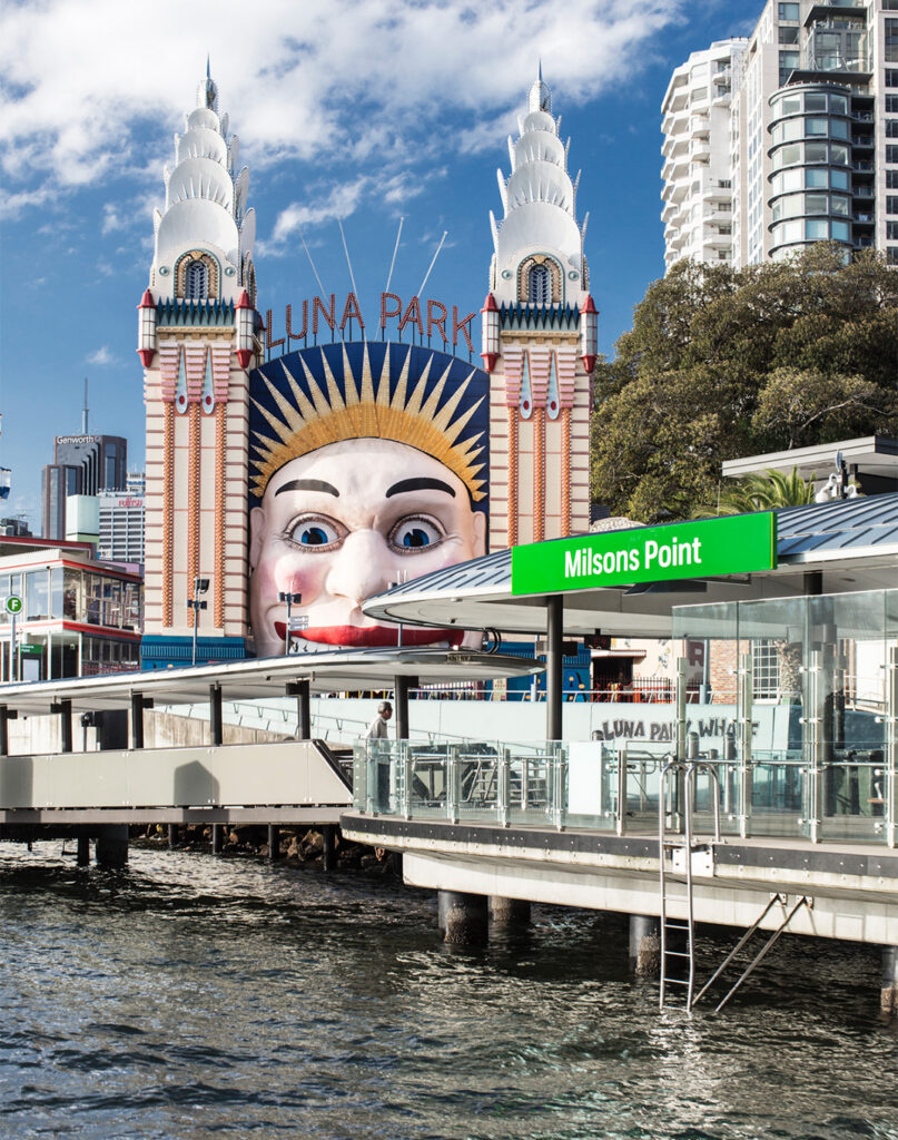 Ferry arrival signage at iconic Luna Park, Sydney