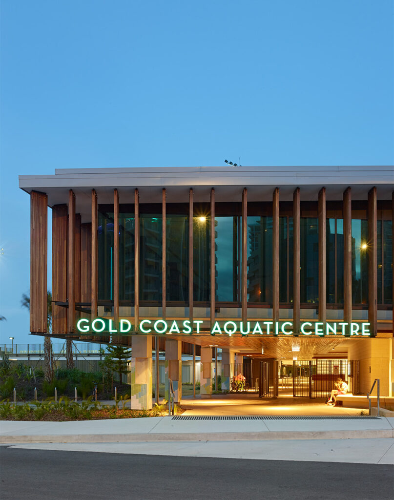 Illuminated arrival wayfinding signage at the Gold Coast Aquatic Centre